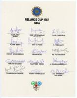 India Reliance Cup 1987. Official autograph sheet with printed title and players’ names, signed in ink by all fifteen listed members of the Indian team for the tournament. Signatures are Kapil Dev (Captain), Vengsarkar, Gavaskar, Binny, Shastri, Srikkanth