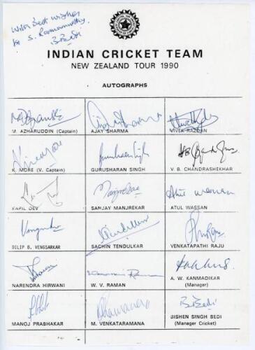 India tour to New Zealand 1990. Official autograph sheet with printed title and players’ names, signed in ink by all eighteen listed members of the Indian touring party. Signatures are Azharuddin (Captain), More, Kapil Dev, Vengsarkar, Hirwani, Prabhakar,