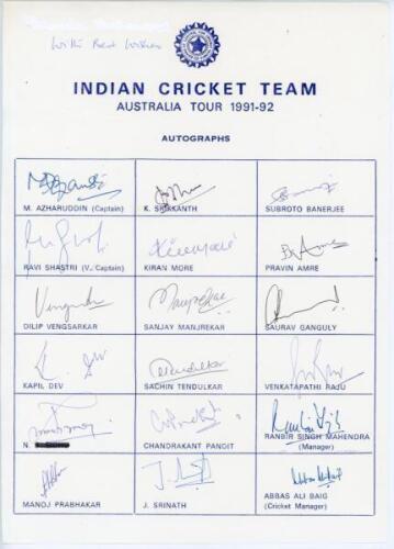 India tour to Australia 1991/92. Rarer official autograph sheet with printed title and players’ names, signed in ink by all eighteen listed members of the Indian touring party. Signatures are Azharuddin (Captain), Shastri, Vengsarkar, Kapil Dev, Hirwani, 