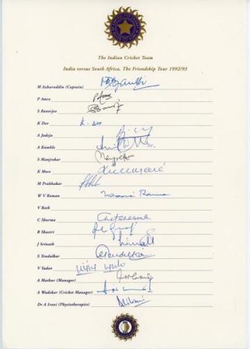 India tour to South Africa 1992/93. Official autograph sheet with printed title and players’ names, signed in ink by eighteen of the listed members of the Indian touring party. Signatures are Azharuddin (Captain), Amre, Banerjee, Kapil Dev, Jadeja, Kumble