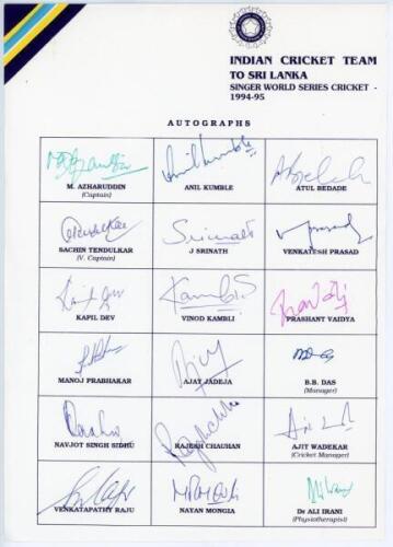 India tour to Sri Lanka 1994/95. Rarer official autograph sheet with printed title and players’ names, fully signed in different coloured ink by all eighteen of the listed members of the Indian touring party. Signatures are Azharuddin (Captain), Tendulkar