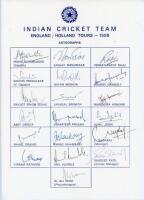 India tour to England & Holland 1996. Official autograph sheet with printed title and players’ names, fully signed in ink by all nineteen of the listed members of the Indian touring party. Signatures are Azharuddin (Captain), Tendulkar, Sidhu, Jadeja, Dra