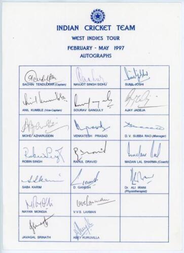 India tour to West Indies 1997. Official autograph sheet with printed title and players’ names, fully signed in ink by all nineteen of the listed members of the Indian touring party. Signatures are Tendulkar (Captain), Kumble, Azharuddhin, Singh, Karim, M