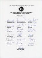 India tour to Australia 1999/2000. Official autograph sheet with printed title and players’ names, fully signed in ink by all nineteen of the listed members of the Indian touring party. Signatures are Tendulkar (Captain), Ganguly, Kanitkar, Dravid, Laxman