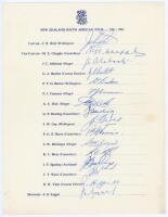 New Zealand tour to South Africa 1961/62. Scarce official autograph sheet with printed title and players’ names, fully and nicely signed in ink by all sixteen of the listed members of the New Zealand touring party. Signatures are Reid (Captain), Chapple, 