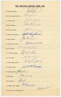 New Zealand tour to England 1958. Official autograph sheet with printed title and players’ names, fully and nicely signed in ink by all eighteen of the listed members of the New Zealand touring party. Signatures are Reid (Captain), Cave, Alabaster, Blair,