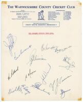 New Zealand tour to England 1965. Official Warwickshire C.C.C. headed paper nicely signed in ink by fourteen members of the New Zealand touring party. Signatures are Reid (Captain), Sutcliffe, Congdon, Yuile, Vivian, Taylor, Pollard, Morgan, Ward, Cameron