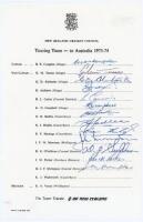 New Zealand tour to Australia 1973/74. Rarer official autograph sheet with printed title and players’ names, nicely signed in ink by thirteen of the fifteen listed members of the New Zealand touring party. Signatures are Congdon (Captain), Turner, Alabast