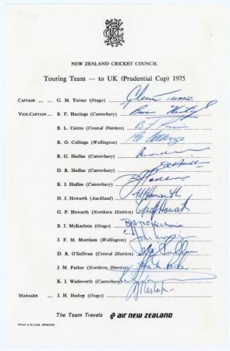 New Zealand tour to England for the Prudential World Cup 1975. Official autograph sheet with printed title and players’ names, nicely signed in ink by all fifteen listed members of the New Zealand touring party. Signatures are Turner (Captain), Hastings, 