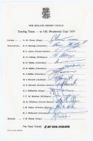 New Zealand tour to England for the Prudential World Cup 1975. Official autograph sheet with printed title and players’ names, nicely signed in ink by all fifteen listed members of the New Zealand touring party. Signatures are Turner (Captain), Hastings, 