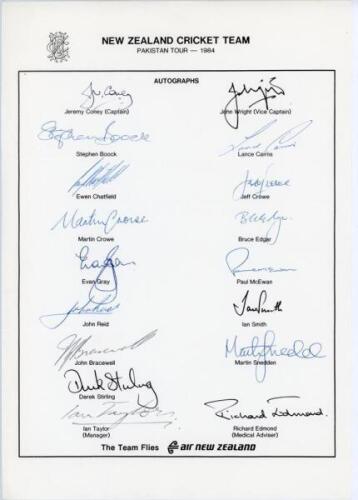 New Zealand tour to Pakistan 1984. Official autograph sheet with printed title and players’ names, fully signed in ink by the seventeen listed members of the touring party. Signatures are Coney (Captain), Wright, Boock, Cairns, Chatfield, J. Crowe, M. Cro