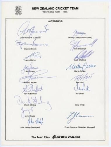 New Zealand tour to West Indies 1985. Rarer official autograph sheet with printed title and players’ names, signed in ink by sixteen of the listed members of the touring party. Signatures are Howarth (Captain), Coney, Boock, Bracewell, Cairns, Chatfield, 