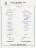 New Zealand tour to West Indies 1985. Rarer official autograph sheet with printed title and players’ names, signed in ink by sixteen of the listed members of the touring party. Signatures are Howarth (Captain), Coney, Boock, Bracewell, Cairns, Chatfield, 