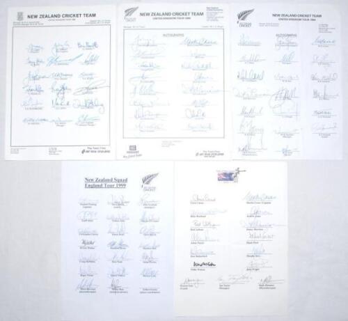 New Zealand tours to England 1986-1999. Four official autograph sheets, each fully signed by the players, for the 1986 (18 signatures), 1990 (16), 1994 (20) and 1999 (20) tours to England. Players’ signatures include Coney, Wright, Bracewell, J. Crowe, M.