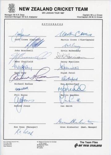 New Zealand tour to Sri Lanka 1987. Rarer official autograph sheet with printed title and players’ names, fully signed in ink by all sixteen of the listed members of the touring party. Signatures are J. Crowe (Captain), M. Crowe, Bracewell, Chatfield, Gra