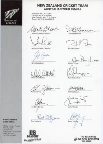 New Zealand tours to Australia 1990/91 & 1993/94. Two official autograph sheets for the 1990/91 and 1993/94 tours to Australia, fully signed by the seventeen and fourteen listed members of the respective New Zealand touring parties. Sold with an official 