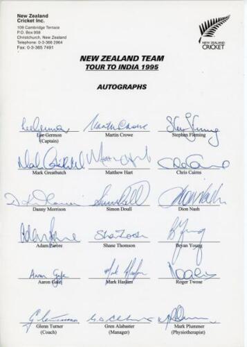 New Zealand 1995. Three official autograph sheets, all fully signed. Sheets are for the tour to India 1995 (18 signatures), New Zealand v South Africa Centenary Test 1995 (15), and the One Day International Series, New Zealand v West Indies 1995 (15). Pla