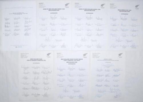 New Zealand 1995/96 & 1996. Seven official autograph sheets, all fully signed. Sheets are the New Zealand team for the second Test v Zimbabwe, Eden Park, 20th- 24th January 1996 (15 signatures), one day international series v Zimbabwe 1996 (two sheets, bo