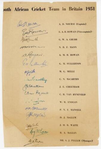 South Africa tour to England 1951. Official autograph sheet with printed titles and players&rsquo; names, fully signed in different coloured inks by all sixteen listed members of the touring party. Signatures are Nourse (Captain), E. Rowan, Chubb, Mann, A. Rowa