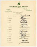 South Africa v England 1956/57. Rare official autograph sheet with printed title and players’ names, fully signed in ink by all thirteen listed members of the South Africa team for the third Test, Durban, 25th- 30th January 1957. Signatures are van Ryneve