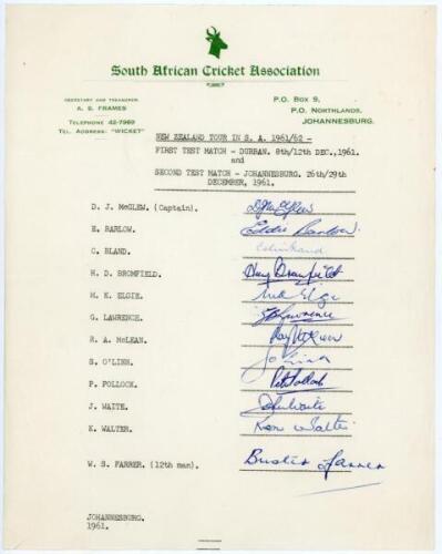 South Africa v New Zealand 1961/62. Rare official autograph sheet with printed title and players’ names, fully signed in ink by all twelve listed members of the South Africa team for the first two Test matches at Durban 8th- 12th December 1961 and Johanne