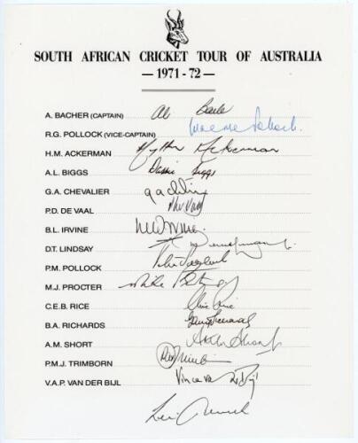 South Africa tour to Australia & New Zealand 1971/72. Rare official autograph sheet for the cancelled South Africa tour of Australia and New Zealand. The sheet with printed titles and players’ names fully signed in ink by all fifteen listed members of the