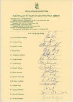 ‘Rebel’ tours to South Africa 1986/87 & 1989/90. Two official South Africa Cricket Union autograph sheets with printed titles and players’ names, each signed by the South African teams. One for the Australia XI tour 1986/87 (15 signatures), the other for 