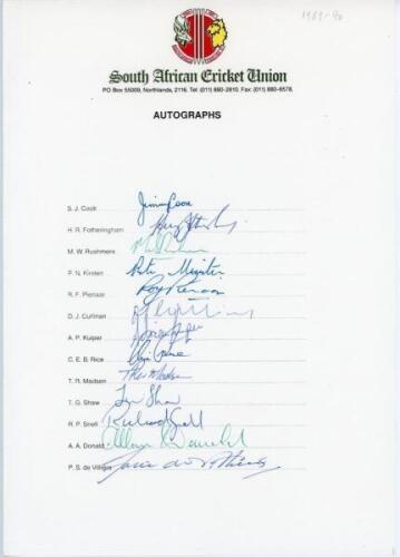 ‘Rebel’ tour to South Africa 1989/90. Official South Africa Cricket Union autograph sheet from the England rebel tour of 1989/90 with printed titles and players’ names. Fully signed by the thirteen members of the South African team. Signatures are Cook, F