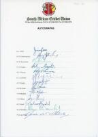 ‘Rebel’ tour to South Africa 1989/90. Official South Africa Cricket Union autograph sheet from the England rebel tour of 1989/90 with printed titles and players’ names. Fully signed by the thirteen members of the South African team. Signatures are Cook, F