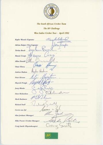 South Africa tour to West Indies 1991/92. Official autograph sheet with printed title and players’ names, fully signed by the seventeen members of the South African touring party. Signatures are Wessels (Captain), Kuiper, Bosch, Cronje, Donald, Henry, Hud