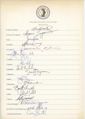 South Africa tour to Sri Lanka 1993/94. Official autograph sheet with printed title and players’ names, fully signed in different coloured inks by the eighteen members of the South African touring party. Signatures are Wessels (Captain), Cronje, Cook, Cul