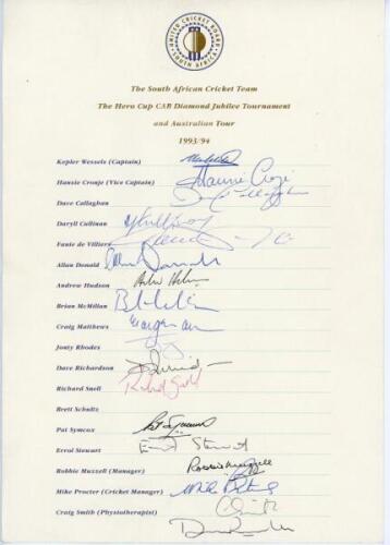 South Africa tour to India & Australia 1993/94. Official autograph sheet with printed title and players’ names, signed in different coloured inks by seventeen of the listed members of the South African touring party and one other. Named signatures are Wes