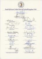 South Africa tours to England 1994 & 1998. Two official autograph sheets with printed title and players’ names, both nicely and fully signed by the listed members of the of the South African touring parties. Players’ signatures are Wessels (Captain), Cron