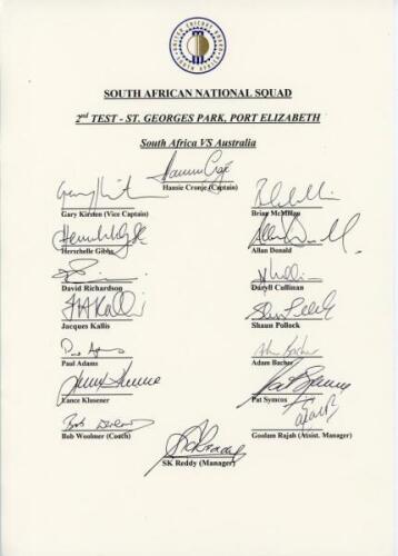 South Africa v Australia 1996/97 & 1997/98. Two official South Africa United Cricket Board autograph sheets, both fully signed by the playing members of the South Africa teams. One for the 2nd Test, Port Elizabeth 14th- 17th March 1997 (16 signatures), th