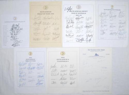 South Africa 1994-2015. Seven official autograph sheets for the South Africa tour to England 1994 (16 signatures), World Cup Team 1999 (15) and 2003 (15), tour to Australia 2001/02 (22), to England 2003 (19), South Africa &lsquo;A&rsquo; v Australia &lsquo;A&rsquo; 2003 (14), an