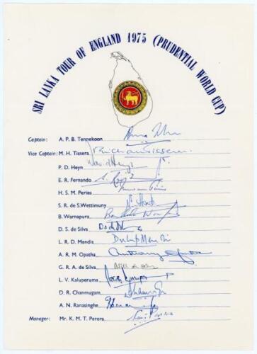 Sri Lanka tour to England for the Prudential World Cup 1975. Official autograph sheet with printed title and players’ names, signed in ink by all fifteen listed members of the touring party. Signatures are Tennekoon (Captain), Tissera, Heyn, Fernando, Per