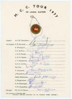 Sri Lanka 1977. Official autograph sheet with printed title and players’ names, signed in ink by all sixteen listed members of the Sri Lanka team for the M.C.C. tour of 1977. Signatures are Tennekoon (Captain), Fernando, Warnapura, D.S. de Silva, Mendis, 