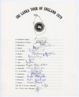 Sri Lanka tour to England 1979. Official autograph sheet with printed title and players’ names, signed in ink by all eighteen listed members of the Sri Lanka touring party. Signatures are Tennekoon (Captain), Warnapura, Wettimuny, Mendis, D.S. de Silva, O