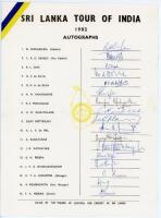 Sri Lanka tour to India 1982. Rarer official autograph sheet with printed title and players’ names, fully signed in ink by all seventeen listed members of the Sri Lanka touring party. Signatures are Warnapura (Captain), Mendis, Dias, D.S. de Silva, G.R.A.