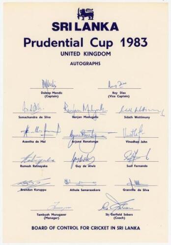 Sri Lanka tour to England, Prudential World Cup 1983. Official autograph sheet with printed title and players’ names, fully signed in ink by all sixteen listed members of the Sri Lanka touring party. Signatures are Mendis (Captain), Dias, S. de Silva, Mad