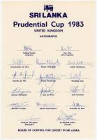 Sri Lanka tour to England, Prudential World Cup 1983. Official autograph sheet with printed title and players’ names, fully signed in ink by all sixteen listed members of the Sri Lanka touring party. Signatures are Mendis (Captain), Dias, S. de Silva, Mad