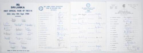 Sri Lanka tours to England 1984-1988. Three official Sri Lanka autograph sheets with printed titles and players’ names, for tours to England, all three fully signed. Tours are Sri Lanka’s first official tour to the U.K. 1984 (18 signatures), 1988 (18), an