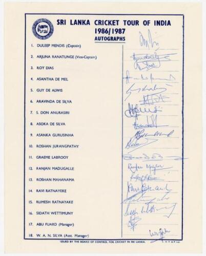 Sri Lanka tour to India 1986/87. Official autograph sheet with printed title and players’ names, fully signed in ink by all eighteen listed members of the Sri Lanka touring party. Signatures are Mendis (Captain), Ranatunga, Dias, de Mel, de Alwis, Aravind