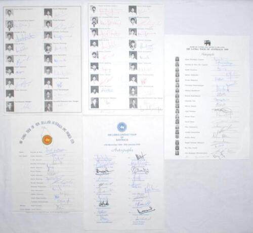 Sri Lanka tours to Australia 1989/90-1999. Five official autograph sheets with printed titles and players’ names, all fully signed (unless stated) in ink by the members of the Sri Lanka touring parties. Tours are to Australia 1989/90 (two copies, one inco