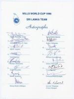 Sri Lanka. World Cup 1996 and 1999. Two official autograph sheets of the Sri Lanka teams and officials for the 1996 World Cup in India, Pakistan & Sri Lanka (16 signatures) and 1999 in England (20). Both sheets fully signed. Players’ signatures include Ra