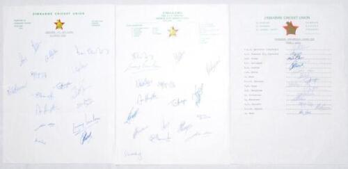 Zimbabwe tours 1982-1983. Three official Zimbabwe Cricket Union autograph sheets signed by members of the Zimbabwe teams. Sheets are for Zimbabwe v Sri Lanka, November 1982 (16 signatures), I.C.C. Trophy in England 1982 (17), and for the 1983 World Cup in