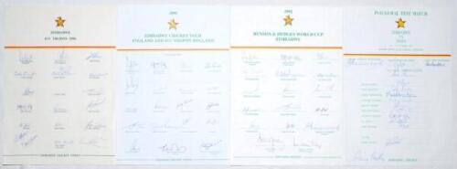 Zimbabwe autograph sheets 1986-1992. Four official Zimbabwe Cricket Union autograph sheets, of which three are fully signed. Sheets are for the I.C.C. Trophy in England 1986 (17 signatures, lacking one of Hick), tour to England and I.C.C. Trophy in Hollan