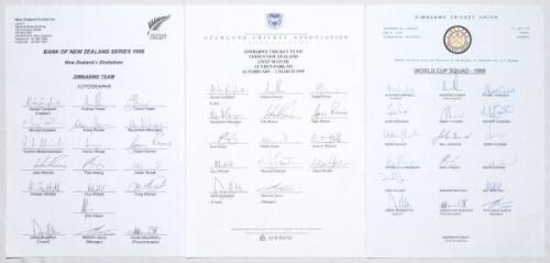 Zimbabwe autographs sheets 1998-1999. Three official autograph sheets, two fully signed by the listed members of the Zimbabwe players and officials. Sheets are for the tour to New Zealand 1998 (19 signatures), 1st Test v New Zealand, Eden Park 26th Februa