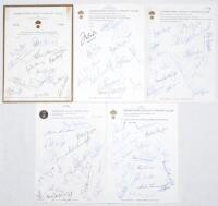 Derbyshire C.C.C. 1970-1978. Five official Derbyshire C.C.C. headed pages, each signed in ink by members of the 1970 (13 signatures), 1974 (13), 1976 (15), 1977 (17) and 1978 (17) teams respectively. Signatures include Buxton, Rumsey, Wilkins, Ward, Harve