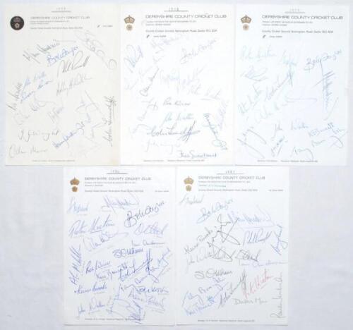 Derbyshire C.C.C. 1977-1981. Five official Derbyshire C.C.C. headed pages, each signed in ink by members of the 1977 (16 signatures), 1978 (16), 1979 (13), 1980 (20) and 1981 (17) teams respectively. Signatures include Hendrick, Swarbrook, Taylor, Walters